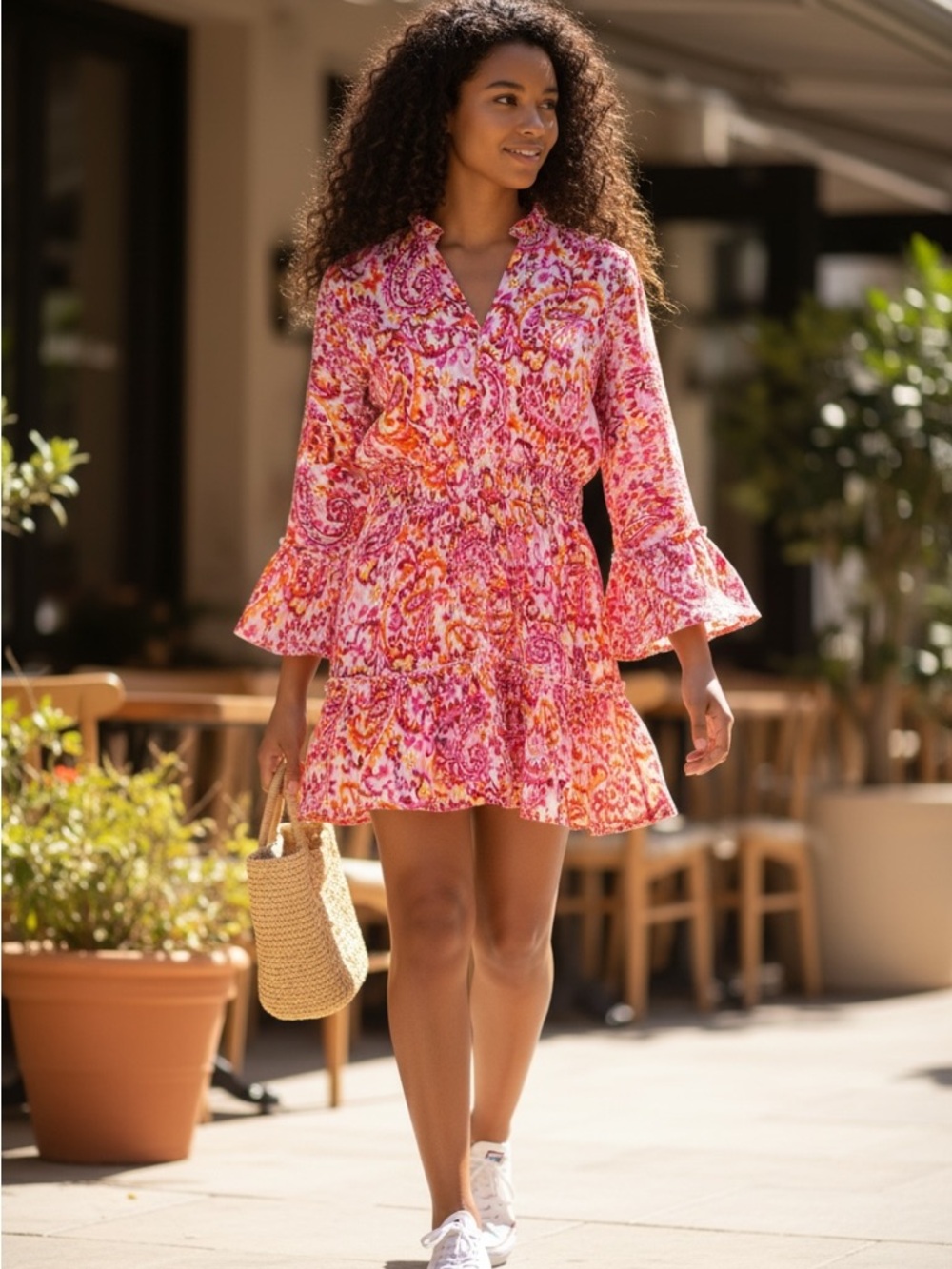 KOJOOIN Pink Orange Paisley
V-Neck Ruffle Sleeve Mini
Dress, Size L